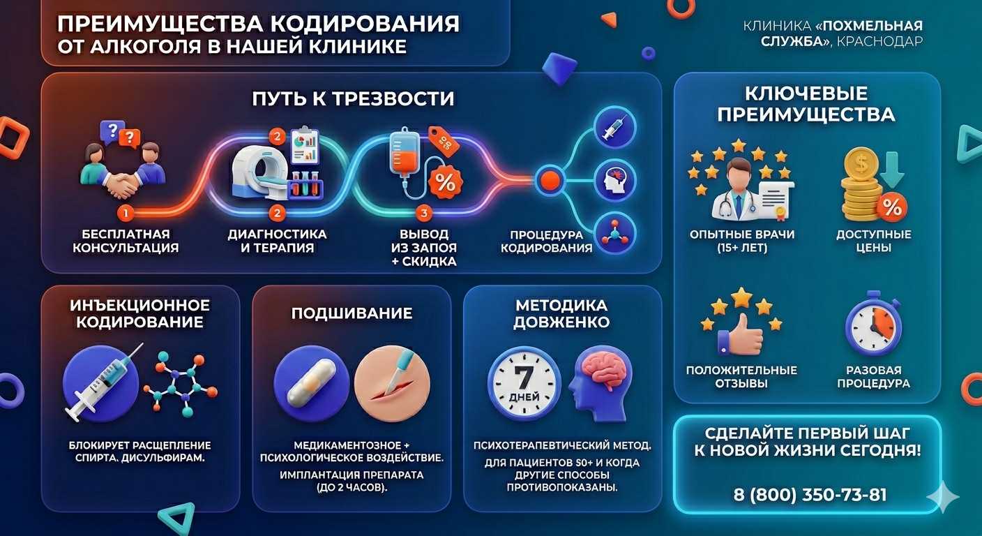 Инфографика о методах кодирования от алкоголя в Усть-Чарышской Пристани: инъекции, подшивание, метод Довженко. Преимущества клиники и этапы лечения.