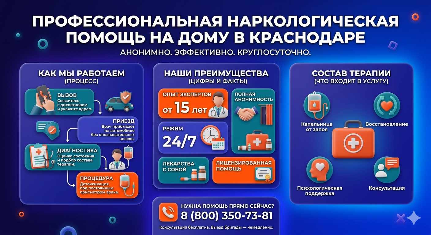 Инфографика о принципах лечения алкоголизма на дому в Усть-Чарышской Пристани: этапы вызова нарколога, преимущества анонимной детоксикации и состав медицинской помощи.